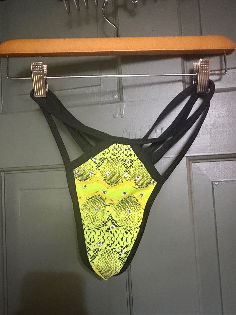 Neon Yellow Snake Print Strappy Thong Bikini Bottom